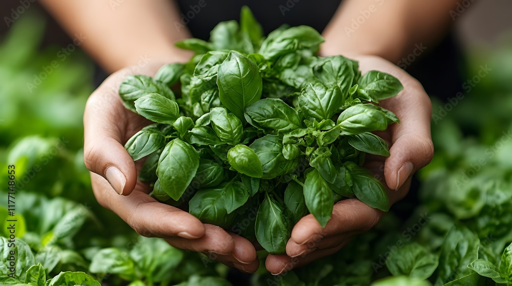 A close-up of hands holding a bundle of fresh herbs, Generative AI A close-up of hands holding a bundle of fresh herbs, Generative AI
