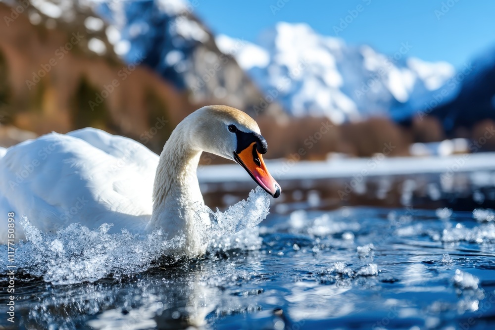 Fototapeta premium A majestic swan gliding gracefully across the water with snow-capped mountains in the background, evoking a sense of serenity and beauty in nature's landscape.