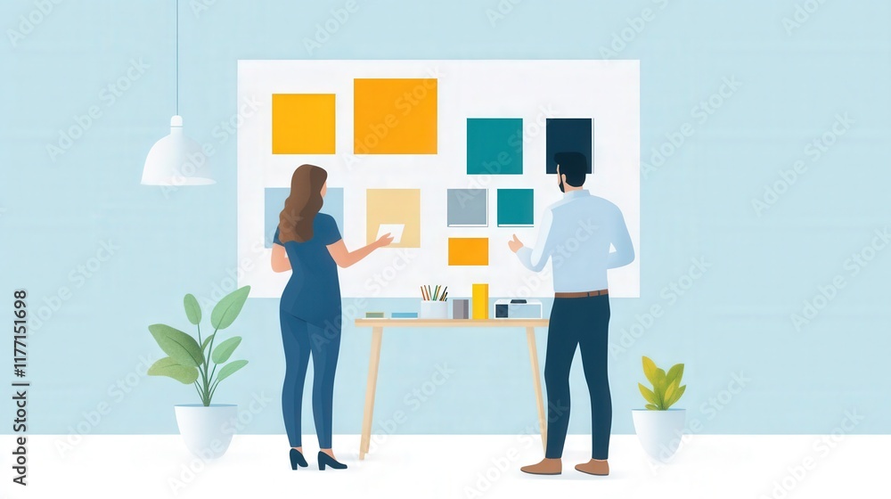 Creative Collaboration Between Two Designers in a Modern Workspace with Color Swatches and Design Tools Creative Collaboration Between Two Designers in a Modern Workspace with Color Swatches and Design Tools