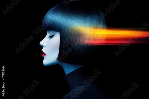 Vibrant profile of futuristic woman with dynamic color streak