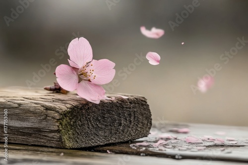Falling cherry blossom petals on rustic wooden surface