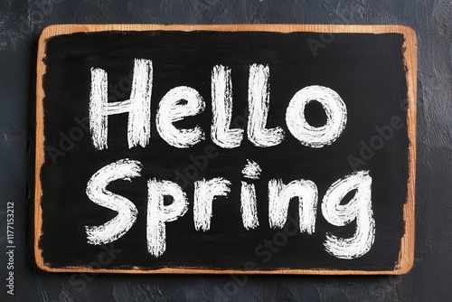 Hello spring chalkboard sign with cheerful white lettering