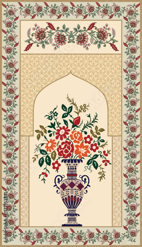 Abstract Indian floral rug design, Persian carpet, tribal vector texture.