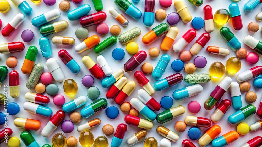 Aerial Drone Shot of Colorful Pills and Capsules Scattered on a White Background Aerial Drone Shot of Colorful Pills and Capsules Scattered on a White Background