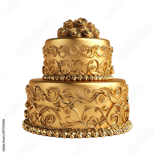 3d gold cake isolated on transparent background.