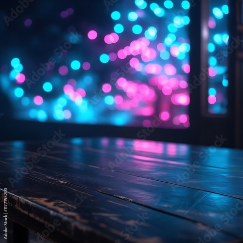  Moody Wooden Table with Neon Bokeh Background