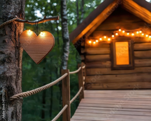 Treehouse exterior with heartpatterned wood carvings and a rope bridge lit by romantic Valentine lights photo