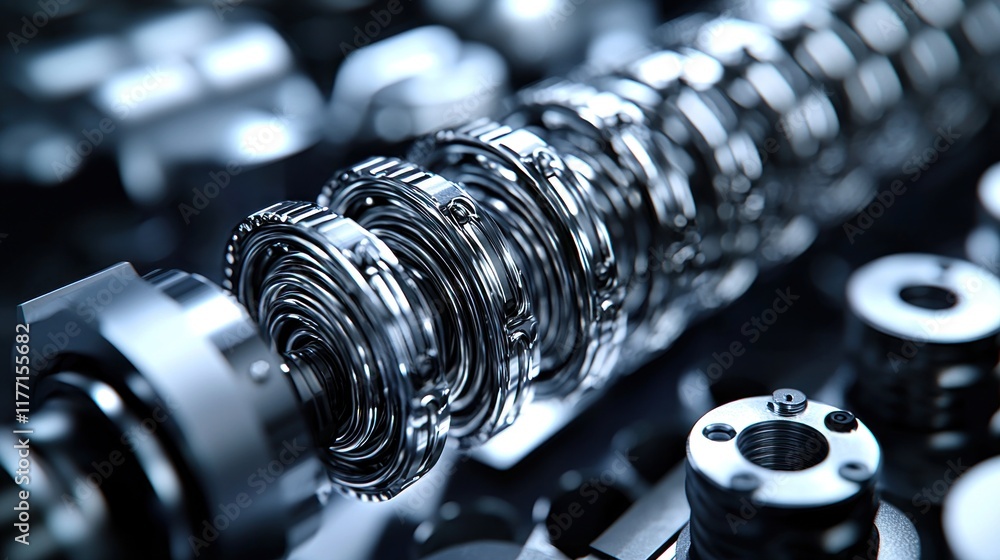 Close-up of complex metallic gearbox mechanism with intricate parts in an industrial machine Close-up of complex metallic gearbox mechanism with intricate parts in an industrial machine
