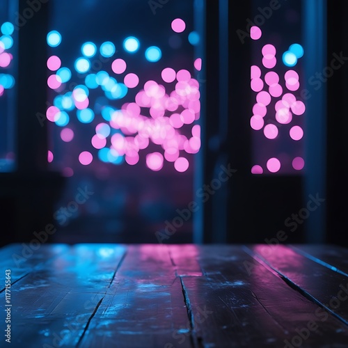 Moody Wooden Table with Neon Bokeh Background