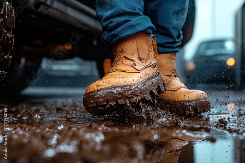 An eye-catching image of muddy boots stepping through a waterlogged area, symbolizing resilience and the human spirit in challenging environments. photo