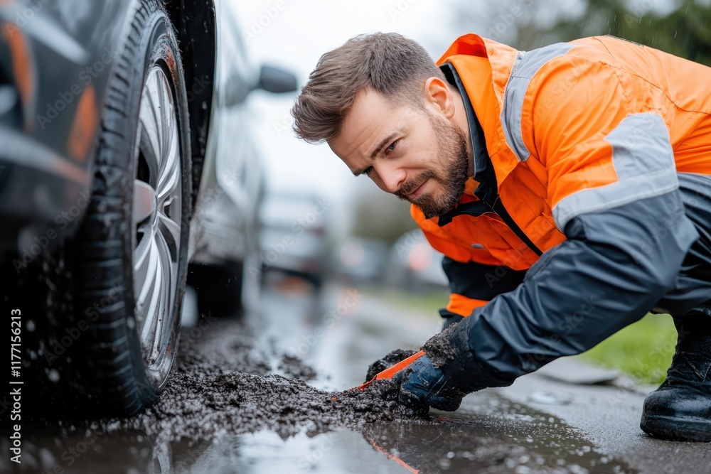A technician in an orange jacket kneels to repair a car tire in a rainy setting, capturing the essence of diligent work in challenging conditions with full concentration. A technician in an orange jacket kneels to repair a car tire in a rainy setting, capturing the essence of diligent work in challenging conditions with full concentration.