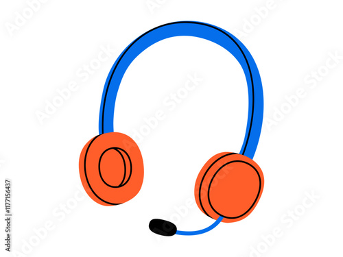 Hand drawn cute cartoon illustration of headphones with microphone. Flat vector wireless headset in doodle style. Support or help service icon. Customer assistance. Call center operator. Isolated.