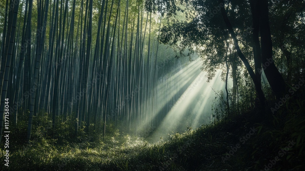 Obraz premium Sunbeams Illuminate a Serene Bamboo Forest