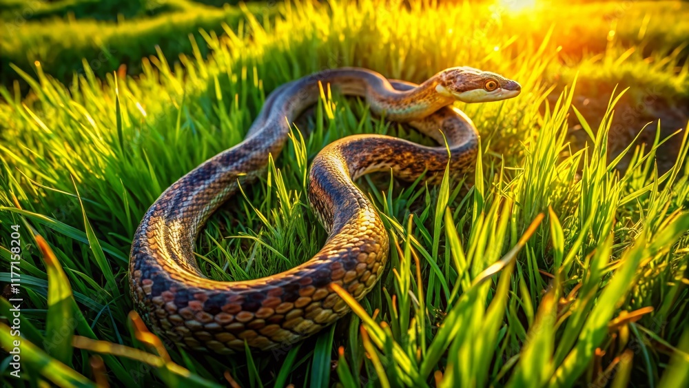 Obraz premium Aerial Drone Shot of Snake in Lush Green Meadow