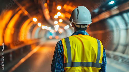 Construction worker in safety gear inspecting tunnel structure photo