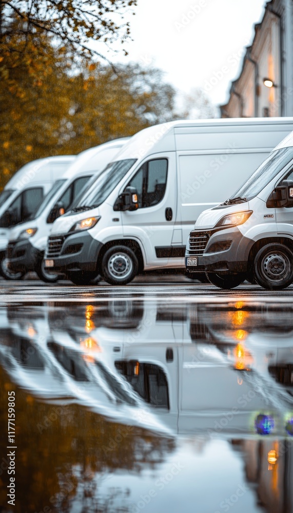 Fototapeta premium White Delivery Vans Parked on Wet Asphalt, Reflections in Puddles, Fleet Vehicles, Urban Setting