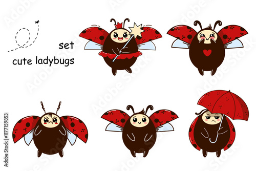 A charming set of six ladybugs with unique expressions and poses. Magic wand, a red umbrella, and various facial emotions ranging from cheerful to grumpy making the set perfect for kids projects