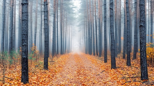 Misty forest trail covered with fallen leaves and tall pine trees calming autumn vibes photo