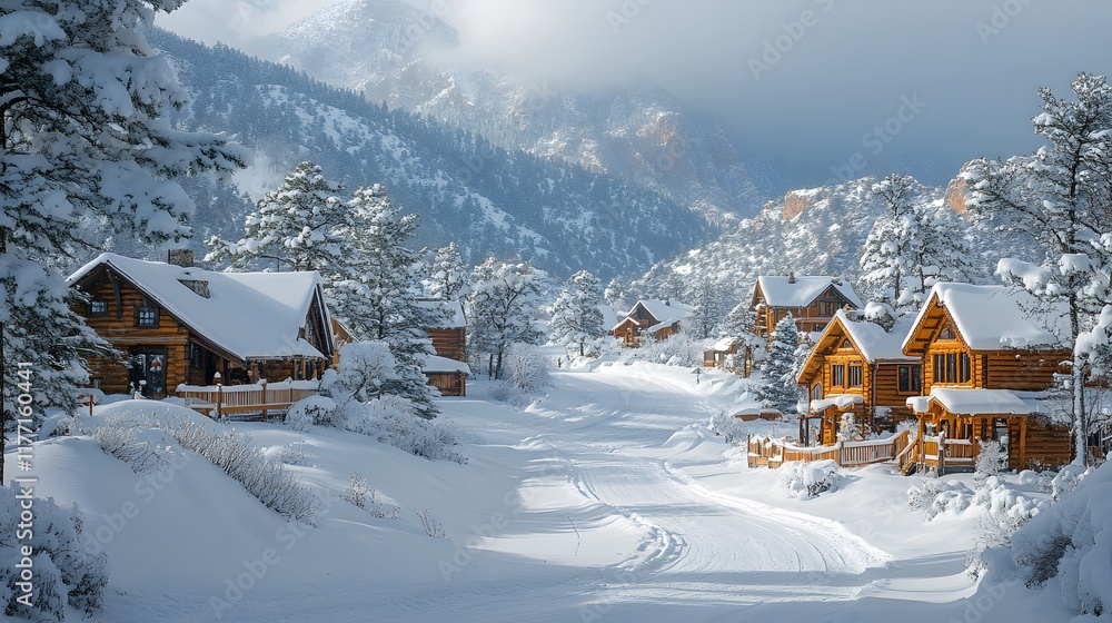 Fototapeta premium A snowy village nestled in a mountain valley, with charming cabins, winding paths, and snow-covered pines