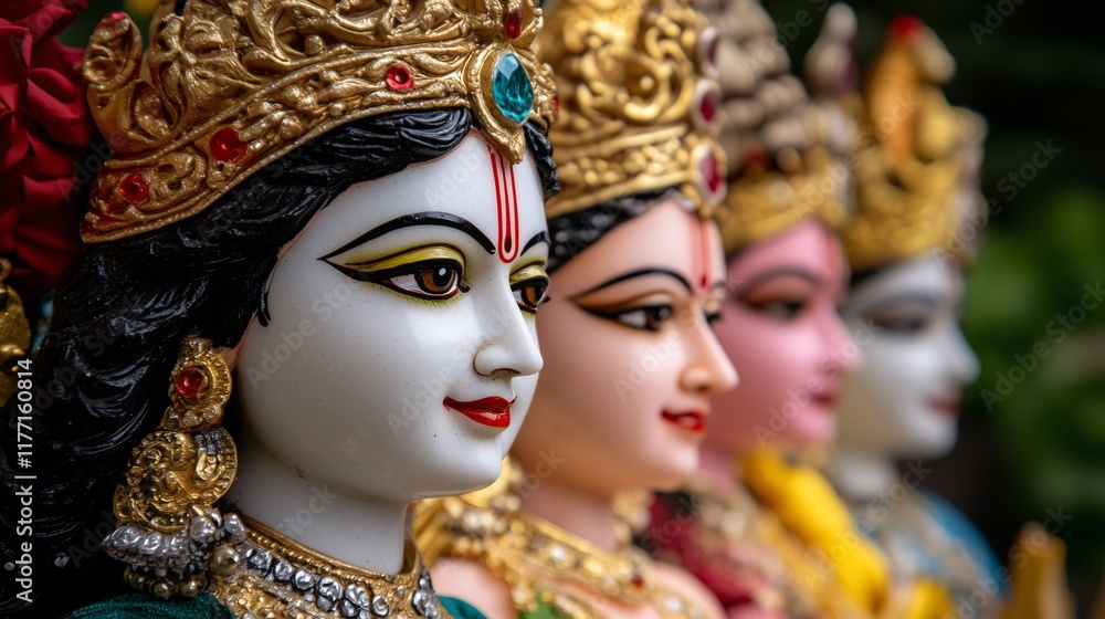 Close-up of beautifully detailed goddess statues in traditional Indian artistry. Close-up of beautifully detailed goddess statues in traditional Indian artistry.