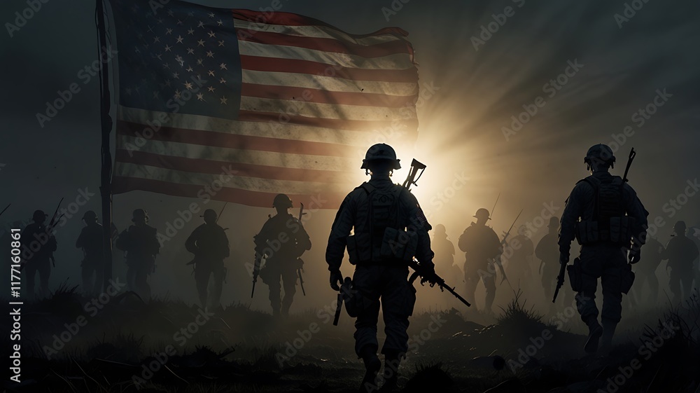Tattered USA Flag Illuminated By A Single Spotlight In A Dark, Foggy Battlefield, With Distant Silhouettes Of Soldiers Marching Forward Tattered USA Flag Illuminated By A Single Spotlight In A Dark, Foggy Battlefield, With Distant Silhouettes Of Soldiers Marching Forward