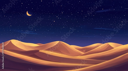 Starry Night Desert Landscape: Golden Sands Under Crescent Moon photo