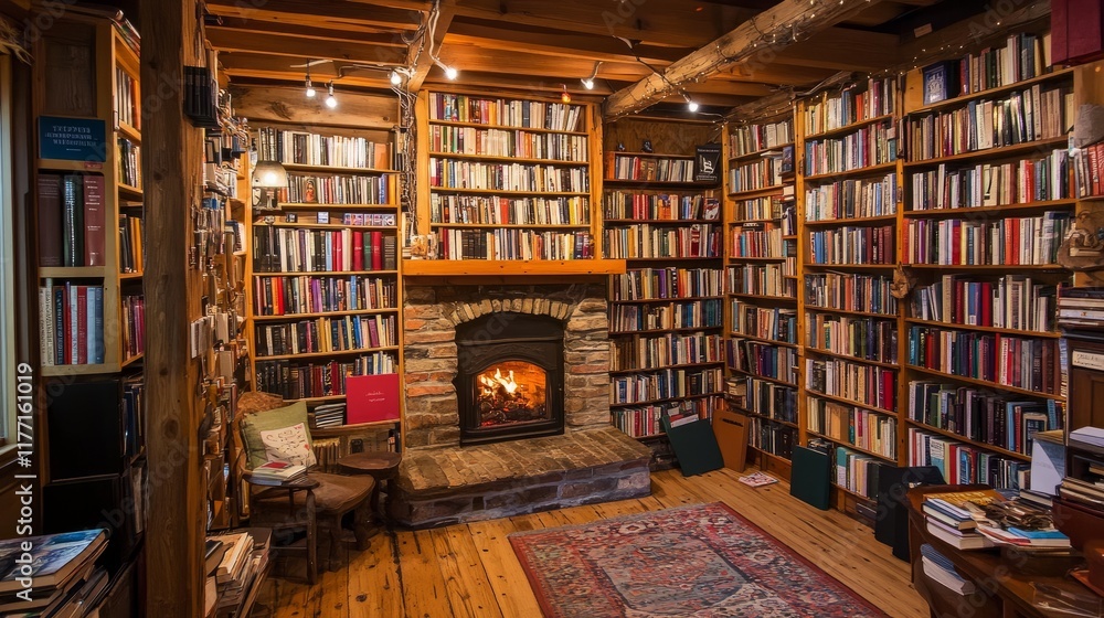 Charming bookstore interior featuring shelves of books, a comfortable reading nook, and a crackling fireplace Charming bookstore interior featuring shelves of books, a comfortable reading nook, and a crackling fireplace