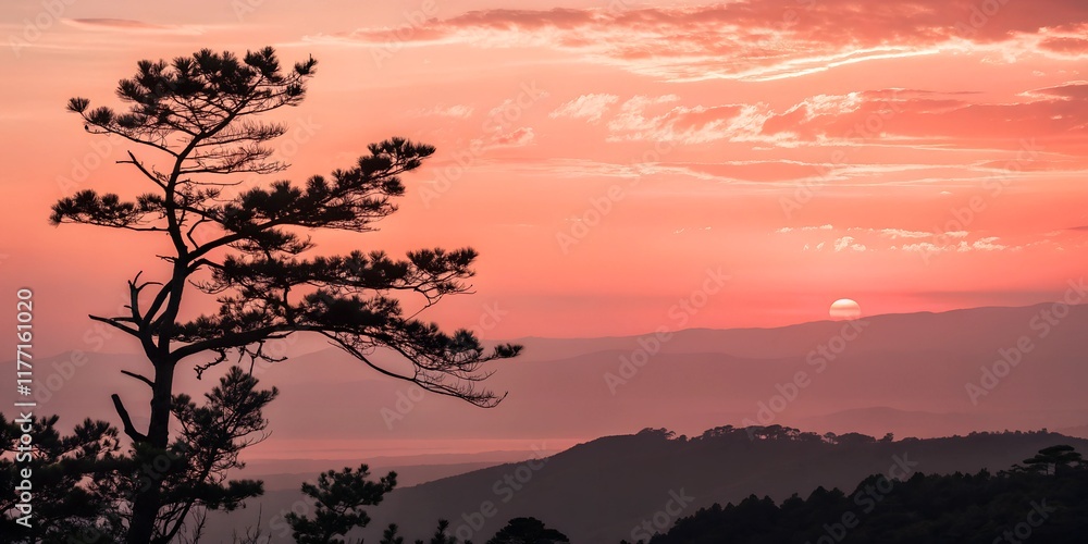 Fototapeta premium Sunset over mountains with silhouette of tree in peaceful landscape