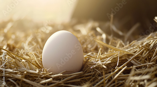 A photorealistic close-up of a single egg nestled in a soft bed of straw.  Generative AI