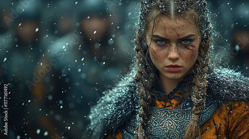 Wallpaper Mural Fierce Viking Warrior Woman with Intricate Face and Body Tattoos in Diverse Natural Settings, from Stormy Seas to Misty Forests, Showcasing Strength, Beauty, and Battle Readiness Torontodigital.ca