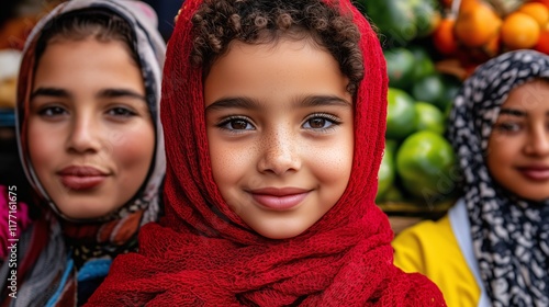 Young girl in a red headscarf smiling brightly in a vibrant marketplace. photo