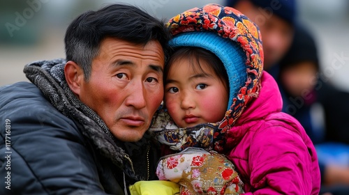 Father and child bundled up in warm winter clothing, sharing a tender moment outdoors. photo