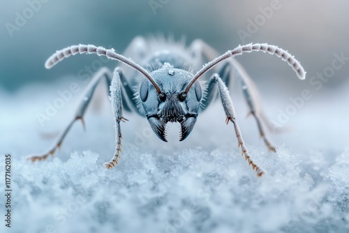 A highly detailed macro shot of a winter ant crawling over a layer of frost, its body reflecting the pale hues of the cold winter landscape photo