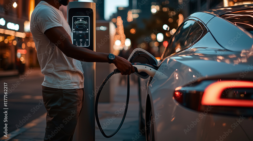 A young tech enthusiast connects a fast-charger to an electric sports car at a high-tech charging station. The carâs sleek curves dominate the frame, while his smartwatch shows cha