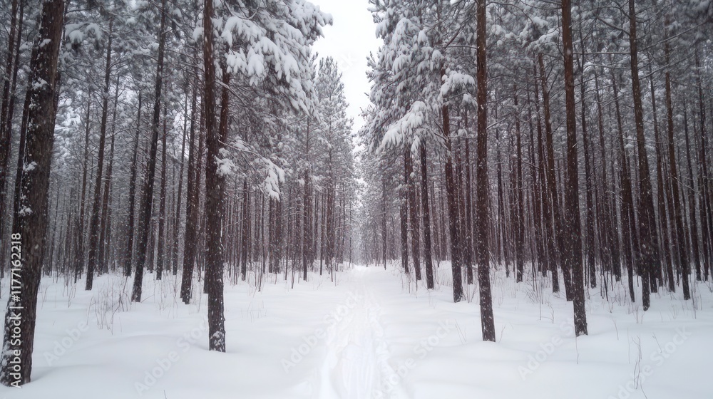 Serene Winter Wonderland: Snow-Covered Pine Forest Path Serene Winter Wonderland: Snow-Covered Pine Forest Path