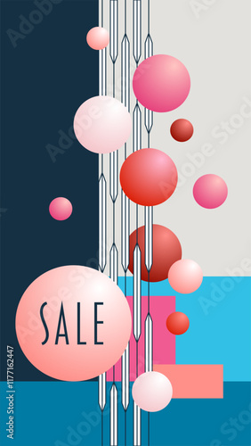 Sale - Schriftzug in englischer Sprache - Ausverkauf. Verkaufsposter mit Kugeln und geometrischen Elementen in Blau-, Rot- und Rosatönen.