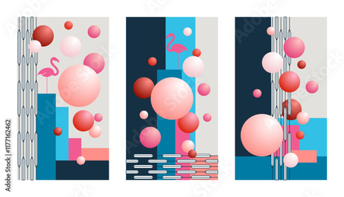 Set von Vektorgrafiken mit Flamingos, Kugeln und geometrischen Elementen in Blau-, Rot- und Rosatönen. Freier Platz für Text. Vorlage für Einladungen, Grußkarten, Social Media Posts,Cover und Werbung.