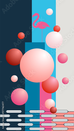 Vektorgrafik mit Flamingo, Kugeln und geometrischen Elementen in Blau-, Rot- und Rosatönen. Freier Platz für Text. Vorlage für Einladungen, Grußkarten, Social Media Posts, Flyer, Cover und Werbung.