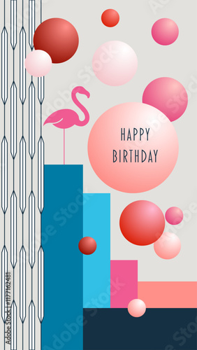 Happy Birthday - Schriftzug in englischer Sprache - Alles Gute zum Geburtstag. Grußkarte mit Flamingo, Kugeln und geometrischen Elementen in Blau-, Rot- und Rosatönen.