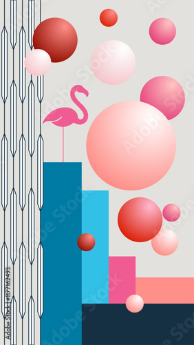 Vektorgrafik mit Flamingo, Kugeln und geometrischen Elementen in Blau-, Rot- und Rosatönen. Freier Platz für Text. Vorlage für Einladungen, Grußkarten, Social Media Posts, Flyer, Cover und Werbung.