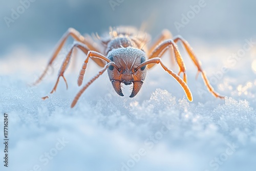 A highly detailed macro shot of a winter ant crawling over a layer of frost, its body reflecting the pale hues of the cold winter landscape photo