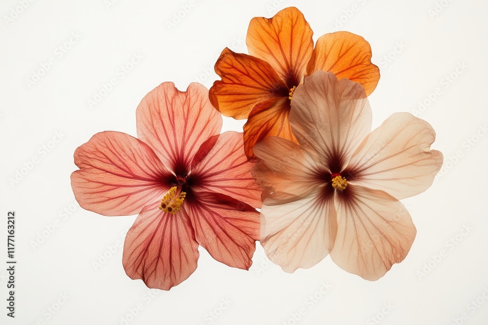 Obraz premium Detailed and Vivid Hibiscus Flowers in Bright Colors Against a Simple White Background with Studio Lighting for Artistic and Nature-Themed Projects
