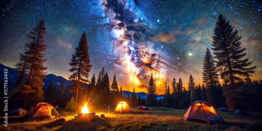 Obraz premium Aerial Night Campfire Scene: Starry Sky, Bonfire, Tent, Drone Photography