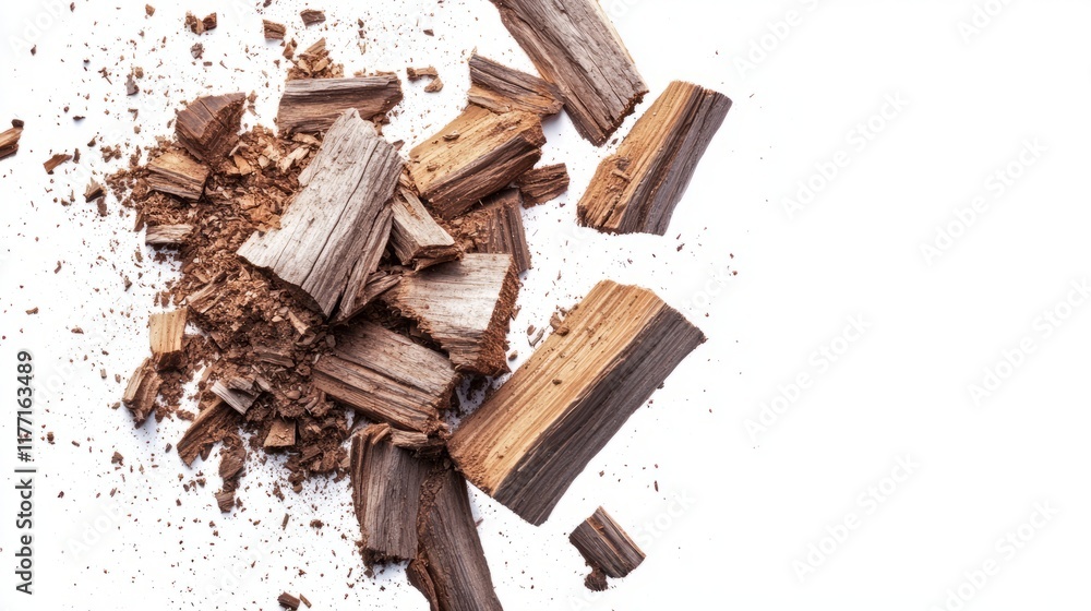 Fototapeta premium Wood pieces and dust, crushed tree bark isolated on white background