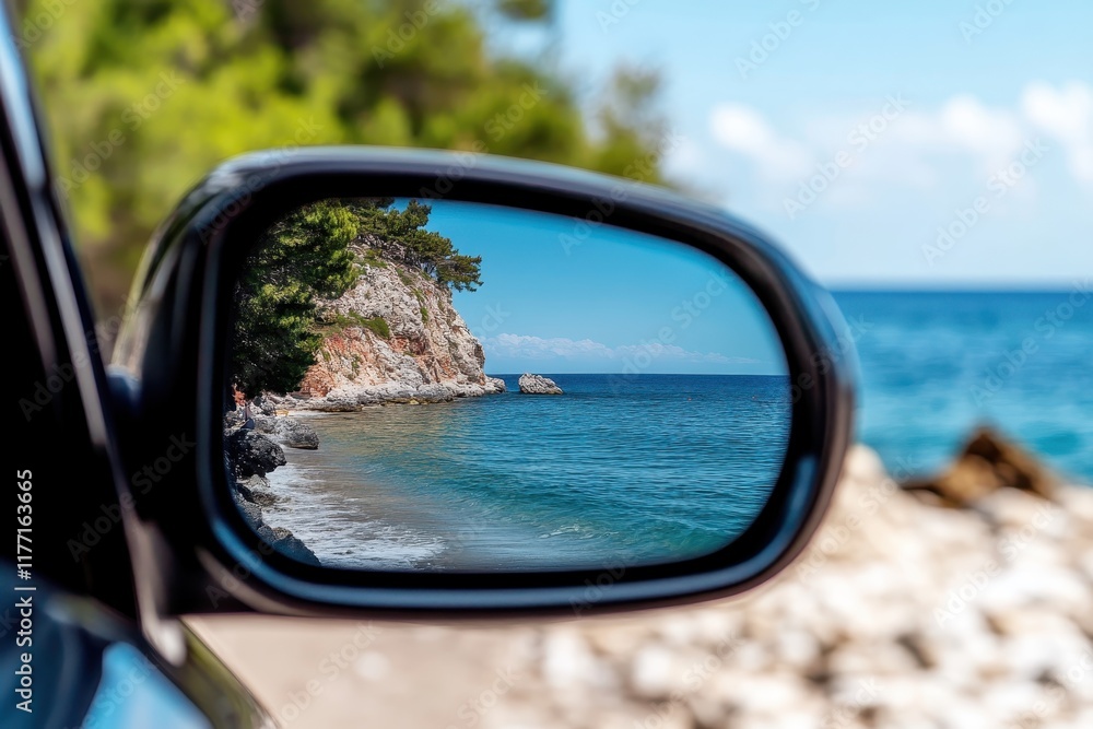 A car's side mirror reflects a peaceful coastal scene with clear waters and rocky cliffs, embodying the essence of travel and the beauty of nature. A car's side mirror reflects a peaceful coastal scene with clear waters and rocky cliffs, embodying the essence of travel and the beauty of nature.