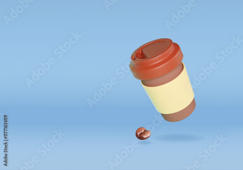 3d paper coffee cap with coffee bean. Takeaway cardboard hot drink package with lid and coffee grain. Concept vector