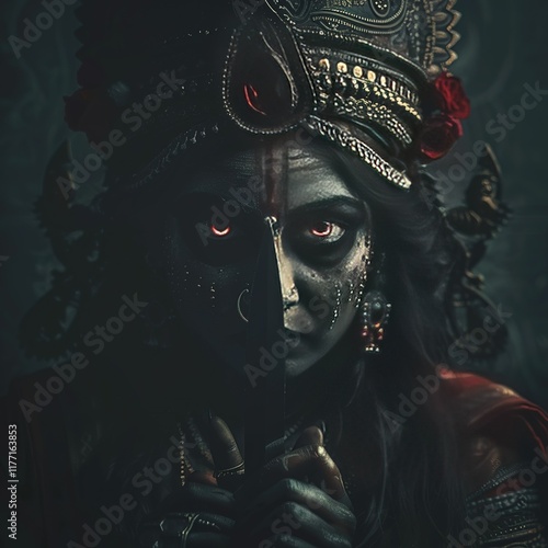 Indian Hindu Goddess Maa Kaali or kali at night with dark environment. Kali , kaali Puja, Dark Theme, angry portrait shot photo