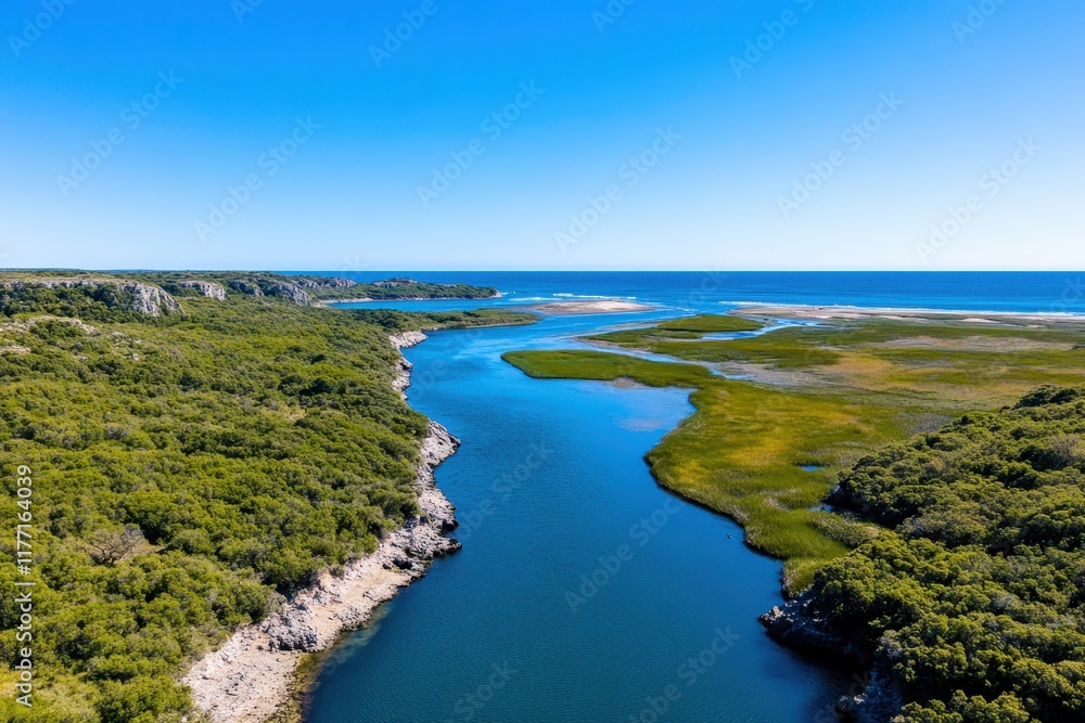 Obraz premium This breathtaking aerial view captures a serene river winding its way through verdant greenery and flowing gently into the ocean, evoking tranquility and connection with nature.