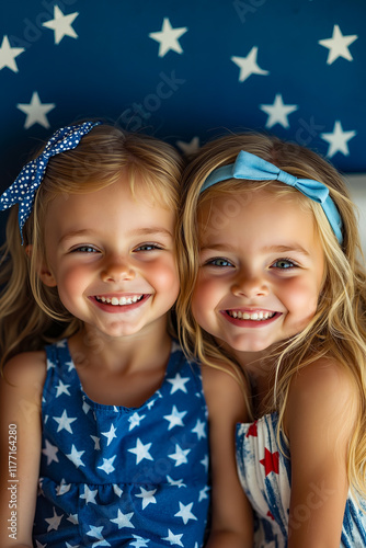 Two little girls sitting next to each other in front of a blue and white flag