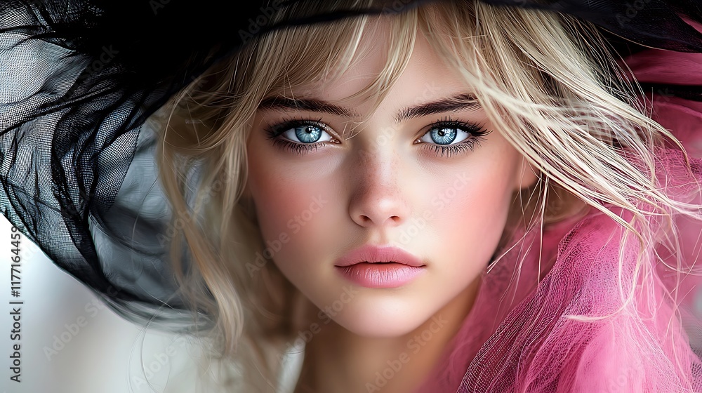 Obraz premium Stunning portrait of an elegant model with blonde hair and blue eyes, wearing a luxurious dark pink dress and a big black hat, shot in ultra-realistic, photo-realistic style with intricate detail